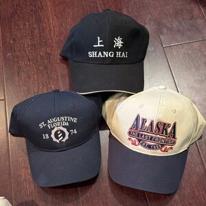 NEW UNUSED Set of Three Embroidered Baseball Caps TRAVEL St Aug, Alaska Shanghai